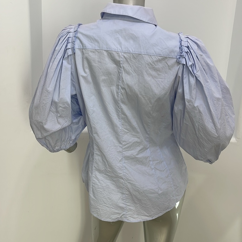 Karen Millen Quarter Balloon Sleeves Blue Button Up Shirt Top K4 - Picture 12 of 13
